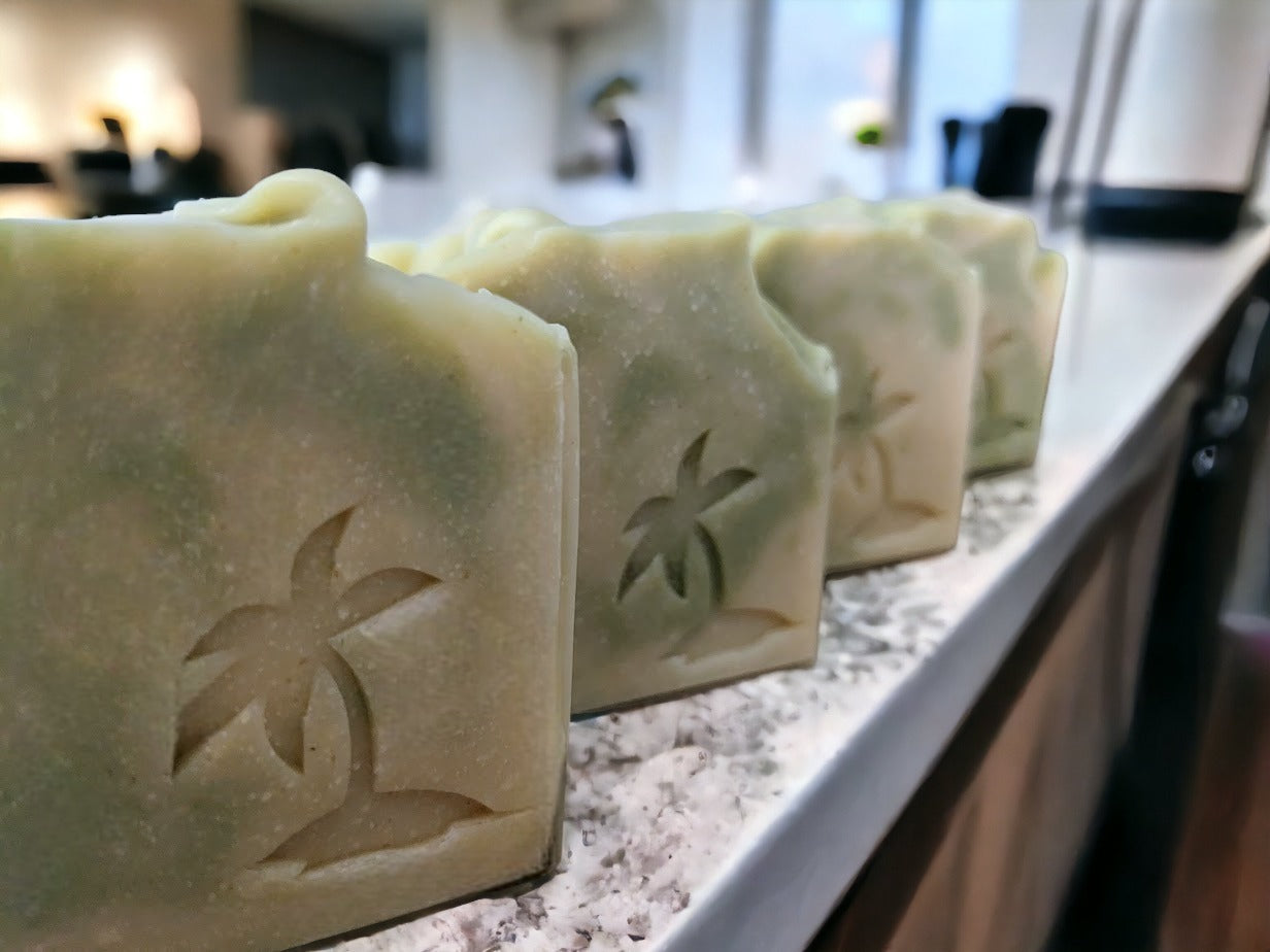 All natural, fragrance free, preservatives, or additives with this all-natural naughty goat soap bar! Naughty Goat's creamy goat milk, Shea butter and hemp oil keep skin healthy and nourished with darker green swirls against a light green background. Loaded with skin loving ingredients your skin will love this soap!