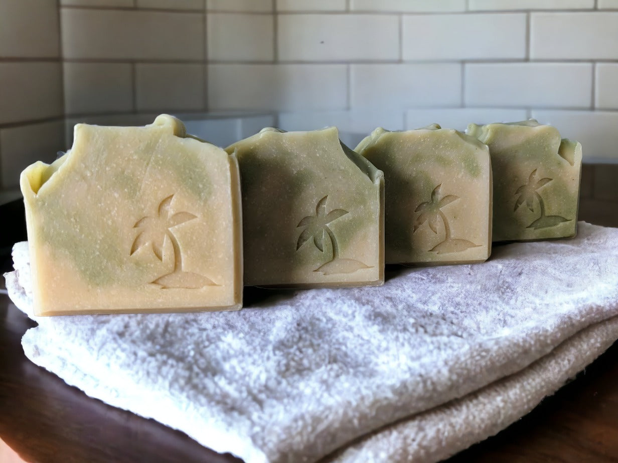 All natural, fragrance free, preservatives, or additives with this all-natural naughty goat soap bar! Naughty Goat's creamy goat milk, Shea butter and hemp oil keep skin healthy and nourished with darker green swirls against a light green background. Loaded with skin loving ingredients your skin will love this soap!