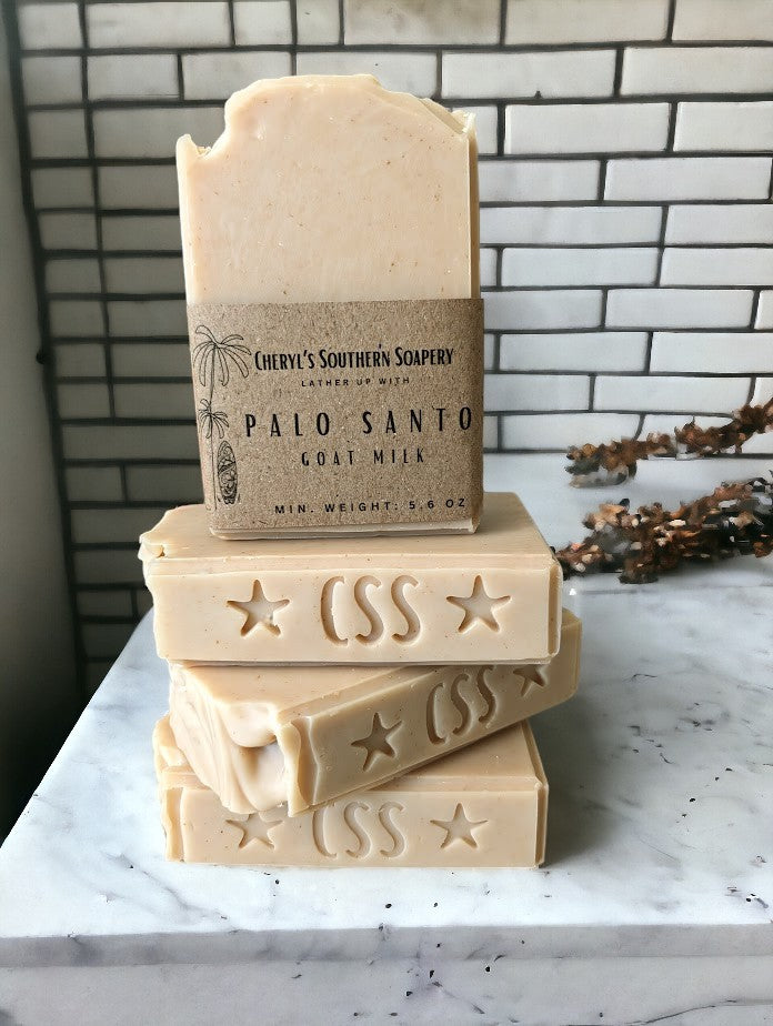 Smokey Beige colored, nourishing, artisan soap with Palm Tree, paw print, dolphin clown fish or sea horse embellishments. Featuring goat milk, kaolin clay, colloidal oats, & other nourishing ingredients, this skin loving soap is topped off with the divine Palo Santo fragrance oil. Expect a rich, earthy scent with notes of warm spices, cedar, & lemon leaf, accented by a hint of smoky incense.