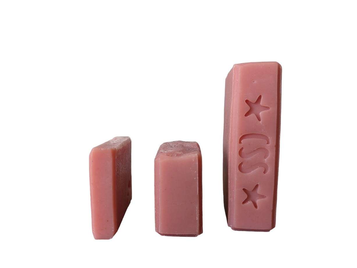 Ballet Slipper Pink in color adorned with 'dew' on top (biodegradable glitter). Rose Goat and Oatmeal Milk Soap - 3 sizes including Travel, Guest or Hotel size soap bars - Bath and Beauty Product