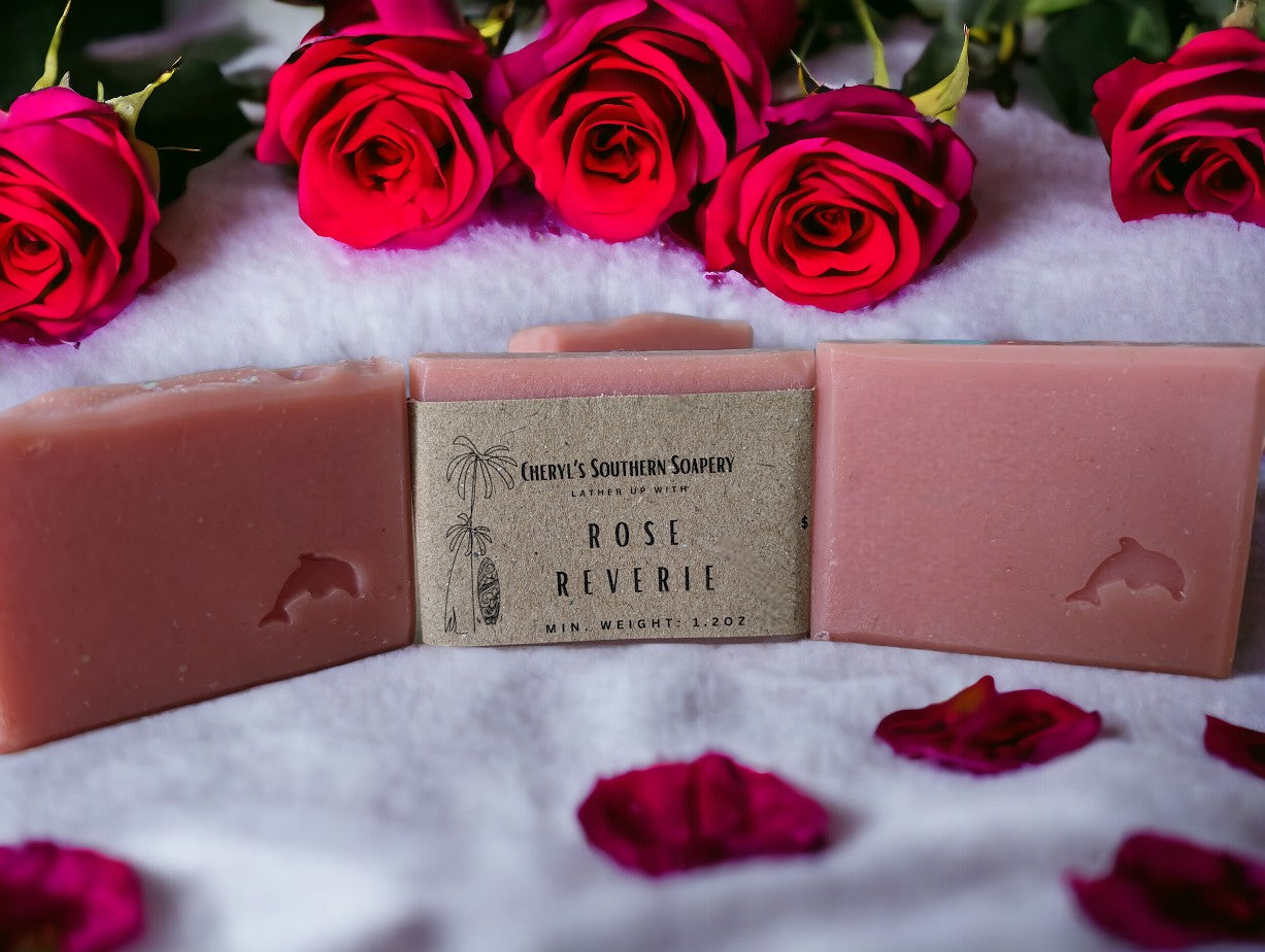 Pink in color adorned with 'dew' on top (biodegradable glitter). Rose Goat, Kaolin Clay and Oatmeal Milk Soap - 3 sizes including Regular, Small and Travel, Guest or Hotel size soap bars - Personal Care Product