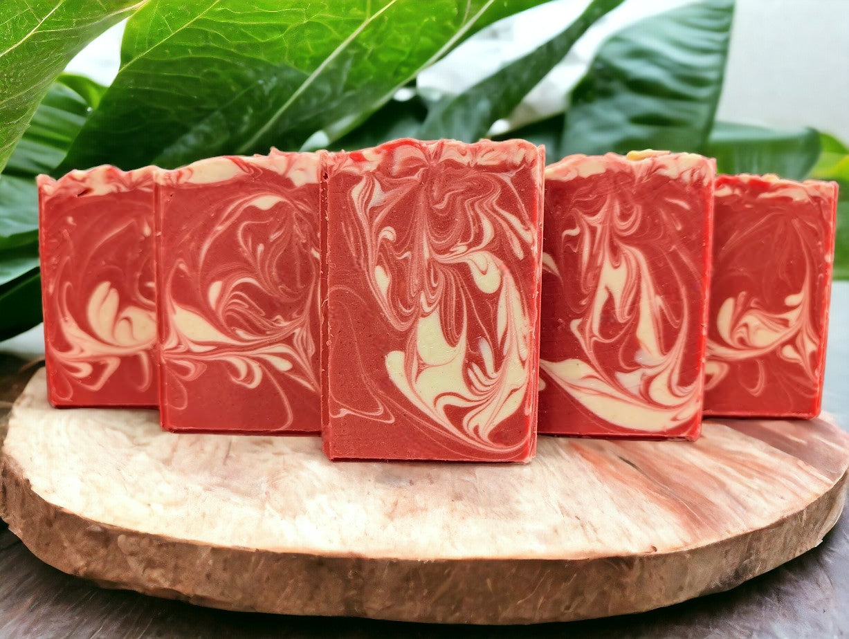 Artisan cold processed soap. Strawberry Red colored soap with white swirls. Fresh Picked Strawberry fragrance oil. 3 sizes: Regular, Small and Travel Size for your skin care needs.