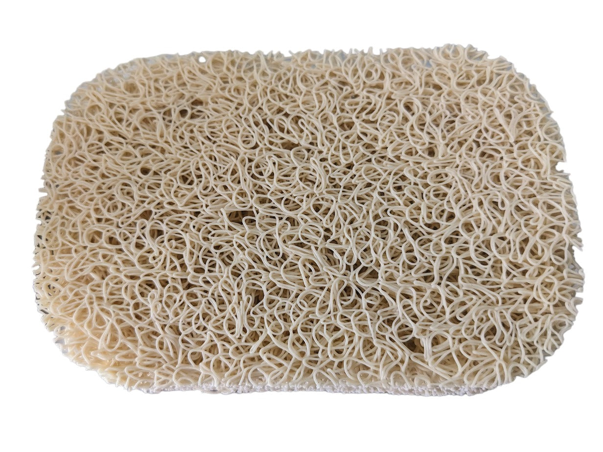 Beige draining Soap Saver pad or lift - 4.3 inches long by3 inches wide and .3 inches deep. Made from PVC material soap lift will keep your soap high and dry while being exremely durable and long lasting. Easy to clean by just rinsing it out. Can be used it in other soap dishes and it can be cut to size. It's small and lightweight making it a great travel accessory for hotels or camping!