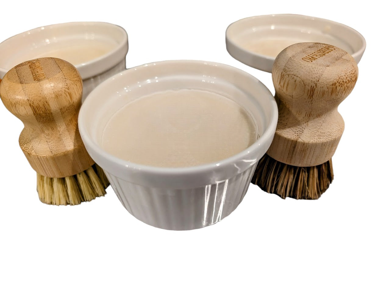 Eucalyptus/Lemon or Eucalyptus/Lavender 6 oz dish soap bar in an 8-inch ceramic ramekin. Non-toxic, eco-friendly, and oh-so-effective. It's greener, cleaner, and longer-lasting while being gentle on your hands! Pair them up with our Sisal dish or pot scrubber or both for the perfect eco-friendly combo!!