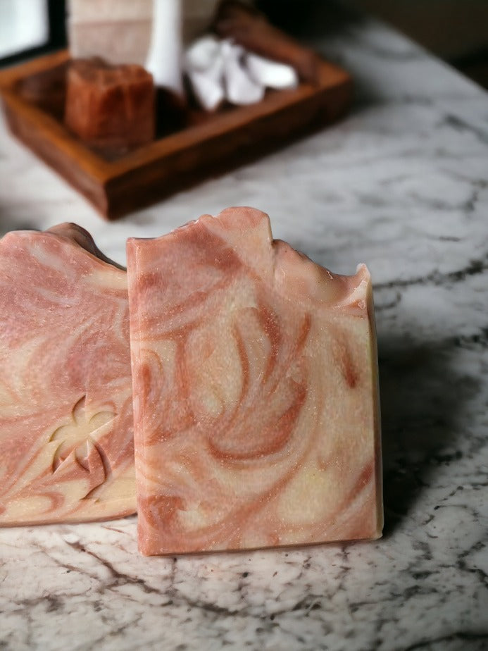 Fragrance free luxurious unisex soap bar with simple swirls colored by natural clays (Kaolin & Rose Clay), while the nutrient dense stars of the show: Hemp Oil, Cocoa, Shea Butters along with heavy cream & tussah silk give this soap bar a mega-creamy & luxurious feeling on the skin.