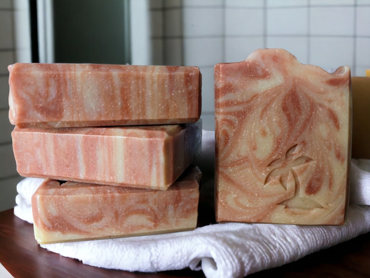 Fragrance free luxurious soap bar with simple swirls colored by natural clays (Kaolin & Rose Clay) to give it an extra hint of color, while the nutrient dense stars of the show: Hemp Oil, Cocoa, Shea Butters along with heavy cream & tussah silk give this soap bar a mega-creamy & luxurious feeling on the skin.