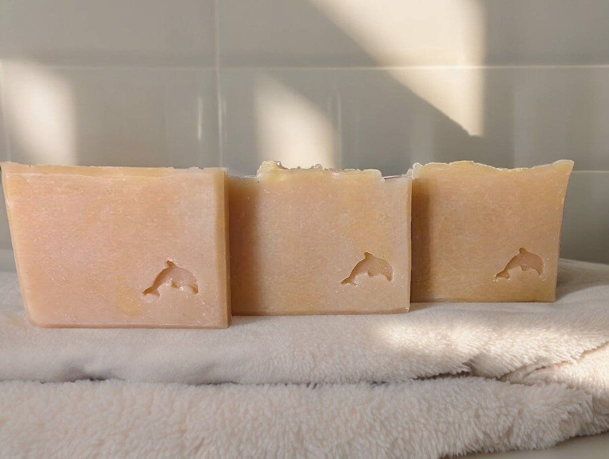 This artisan goat milk and sea moss soap is named 'Hawaiian Aloha'and is suited to those looking for more natural soap for their skin care regime. Single color of yellowish beige with a dolphin stamped on the front.  Scented with Plumeria.  Available in Hotel sized bars that are perfect for travel or guests.