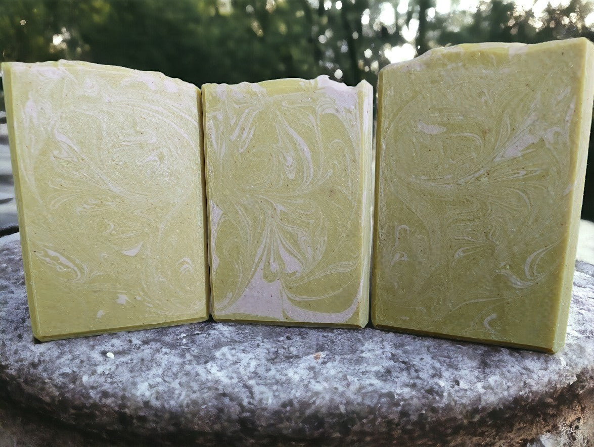 Banana Breeze Bar Soap (aka Monkey Farts) Goat Milk Soap.  Mustard colored base with white swirls. Available in 3 sizes Regular bar, small bar and Travel Guest Hotel sized soap bar. Available from Cheryl's Southern Soapery.
