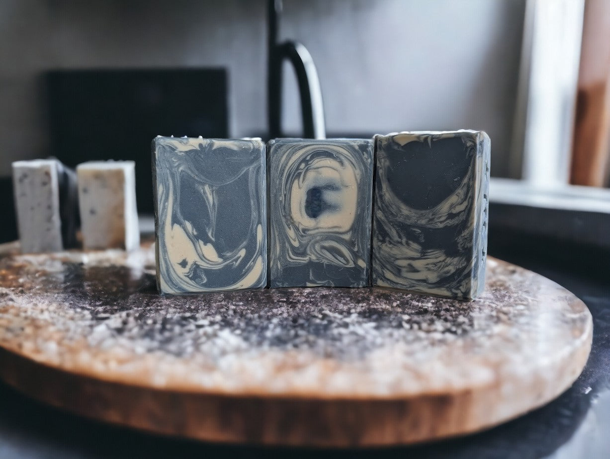 Main soap color is blue with creamy white swirls. Loaded with kaolin clay, colloidal oats and other good for your skin ingredients.  Up your Personal Care game with Blueberry Burst Soap from Cheryl's Southern Soapery.  Available in 3 sizes:  Regular size, Small size and Travel/Guest size.