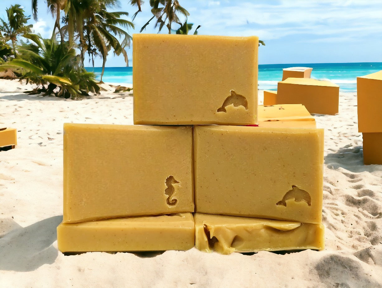 Nourishing soap bar for bath and shower. Medium yellow in color, scented with Lemon.  Available in 3 Sizes.  Small and Travel bars stamped with sea creatures.  Features Avocado Oil, Mango Butter, Colloidal Oats and Kaolin Clay.