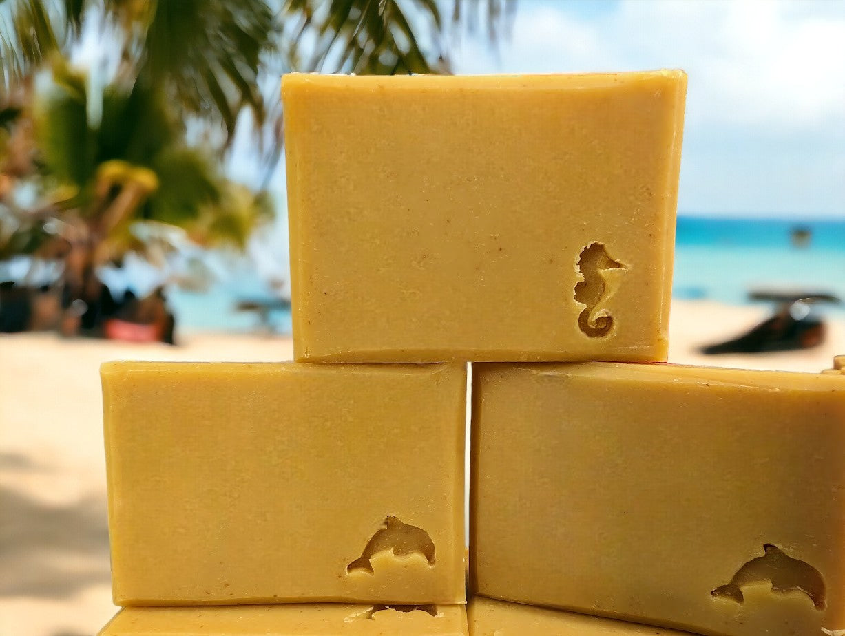 Nourishing, good for your skin soap bar for bath and shower. Medium yellow in color, scented with Lemon.  Available in 3 Sizes.  Small and Travel bars stamped with sea creatures.  Features Avocado Oil, Mango Butter, Colloidal Oats and Kaolin Clay.