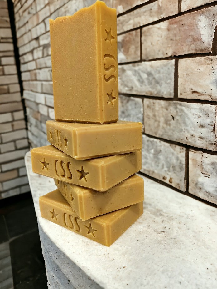 Handmade, nourishing, good for your skin soap bar for your skin care needs. Medium yellow in color, scented with Lemon.  Available in 3 Sizes.  Small and Travel soap bars stamped with clown fish, dolphin or sea horse.  Features Avocado Oil, Mango Butter, Colloidal Oats and Kaolin Clay.