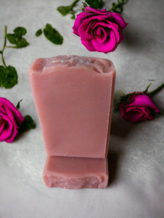 Ballet Slipper Pink in color adorned with 'dew' on top (biodegradable glitter). Rose Goat and Oatmeal Milk Soap - 3 sizes including Travel, Guest or Hotel size soap bars - Skin Care Product