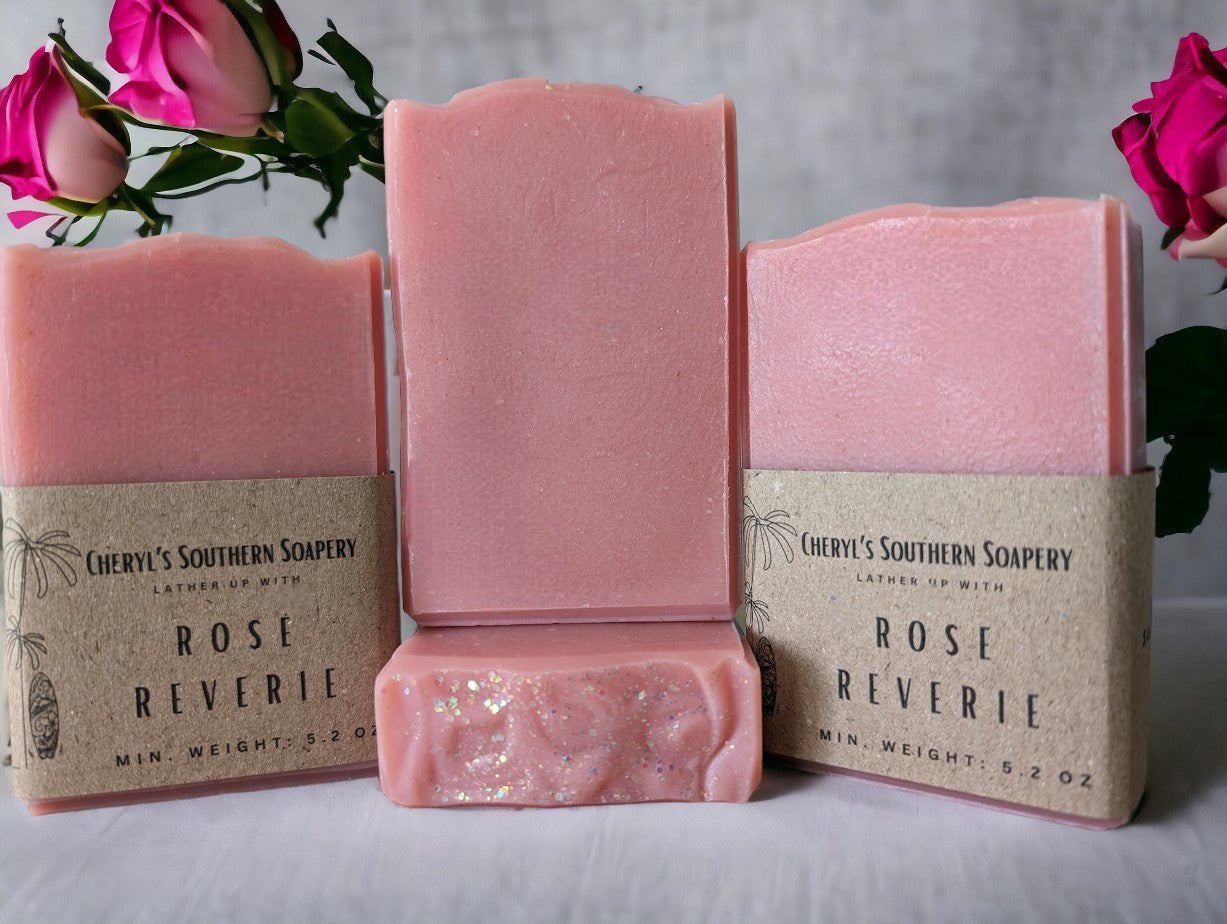 Ballet Slipper Pink in color adorned with 'dew' on top (biodegradable glitter). Rose Goat Milk Soap - 3 sizes including Travel, Guest or Hotel size soap bars - Skin Care Product