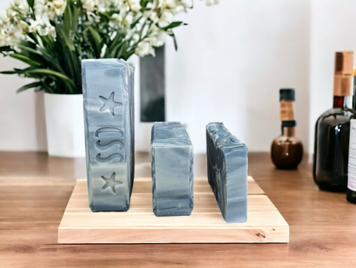 Cheryls Southern Soapery - Blueberry Burst Bar - Main color is blue with creamy white swirls.  Personal Care Products - Kaolin Clay and Colloidal Oats 