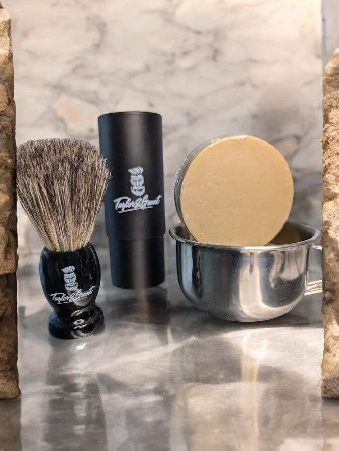 Value Combo - Stainless Steel Shave Mug - Large Shave Puck - Taylor & Grant Luxury Shave Brush