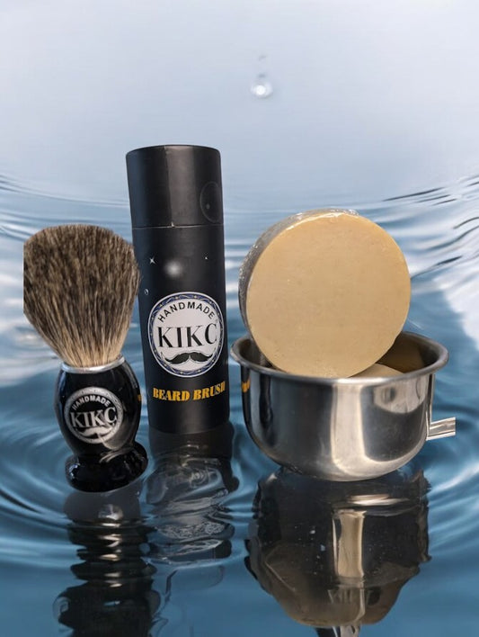 Luxury Combo - Stainless Steel Shave Mug with Large Shave Puck - KIKC Luxury Badger Hair Shave Brush