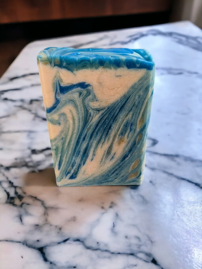 This artisan soap bar has a DIVINE fragrance and features a stunning design of blue, white and gold swirls. No two bars of soap look the same. The soap smells amazing, just like Amazing Grace* perfume by Philosophy. It has a blend of citrus, floral and woody notes.