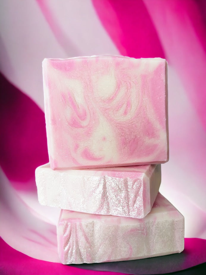 Dive into a delightful soapy oasis with this pink and white swirl design unscented bar soap! You'll discover a luscious lather made with Green Tea Seed Oil and Tussah Silk and other skin loving oils.