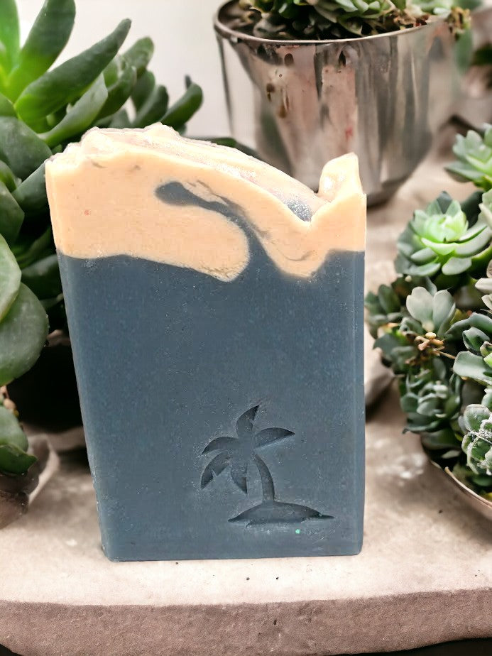 Simple and revitalizing cold processed bar soap with ocean blue base and white 'surf' top with a sparkly top. Called Sea Breeze because it's scented with a fresh and invigorating scent that has hints of ozonic ocean tide beating against a rocky shoreline. Perfect gift for the water lover in your life or if you just want to amp up your personal care game.