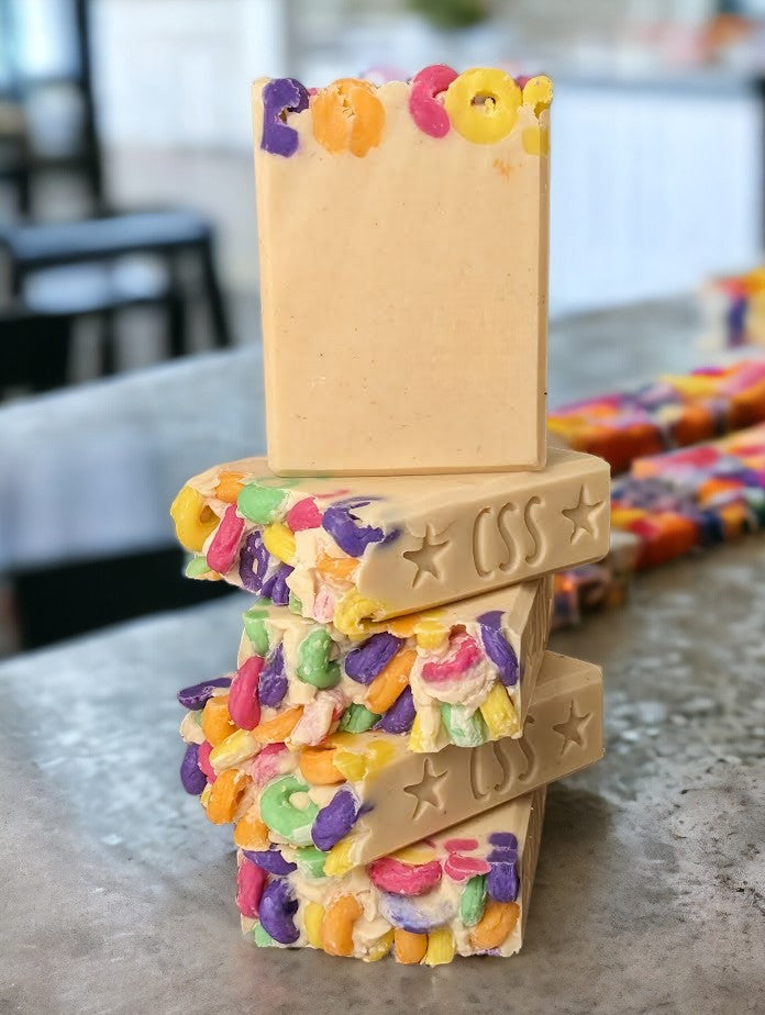 Fun looking and gentle on your skin, this creamy colored Tallow and Goat milk soap is topped with soap 'fruit loops'.  Think the iconic and colorful loop cereal for the scent.  It's spot on!  This decorative soap with up your personal care game and look fun while doing it!