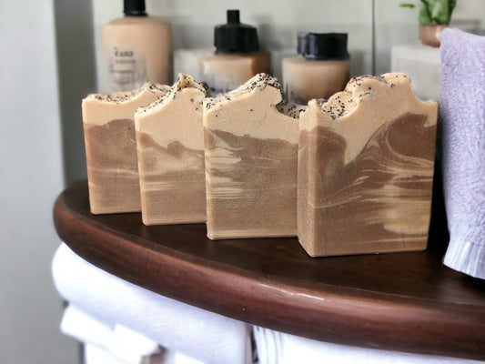 Natural handmade soap.  Brown and beige swirl design.  Natural with French Vanilla Coffee scent.  Delightful, plentiful lather.