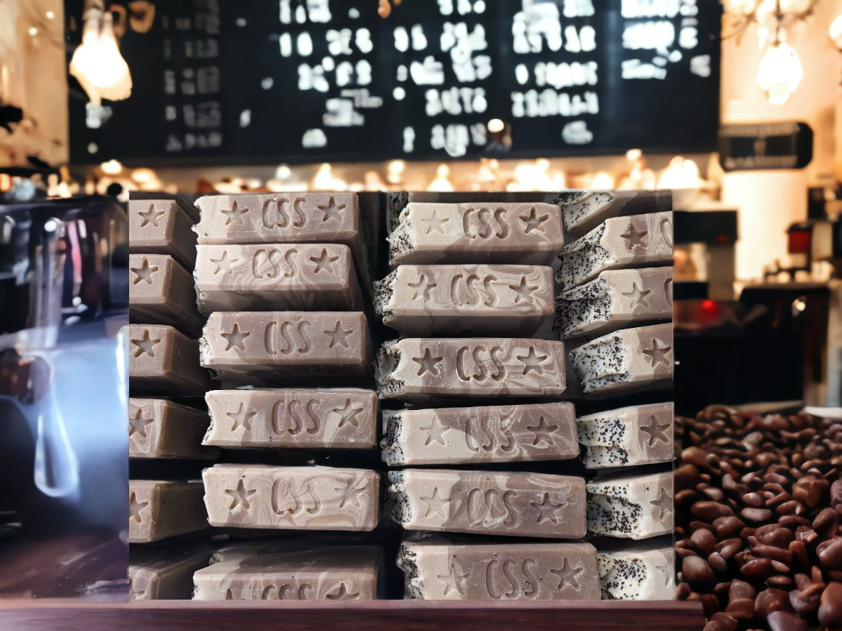 Natural coffee soap. Brown and cream colored swirls with French Vanilla Coffee scent. Crafted with fresh brewed organic coffee from Charleston Coffee Roasters. Plentiful, creamy lather.  This smells divine!  It'll make you want to go grab some french vanilla coffee!!