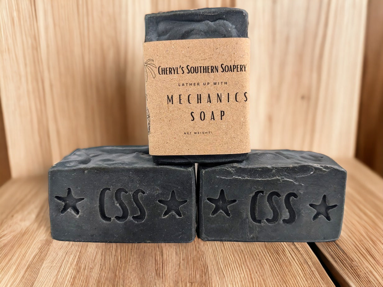 Exofoliating Mechanics soap with pumice (fine and powder), activated charcoal and indigo for gentle yet powerful exfoliation and cleaning.  Natural cleansing kicked up a notch with the addition of Soap Nuts (a natural cleansing agent) and coconut oil rounding out with the addition of avocado oil to nourish the skin.  Wonderfully scented with Iced Vanilla Woods.  Strip the dirt and grease, not the skin!!