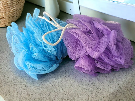 Medium sized nylon bath puff, loofah puff in purple and blue