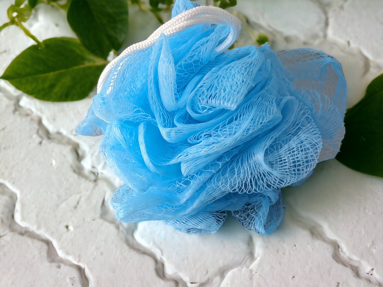 Medium sized nylon bath puff, loofah puff in purple and blue