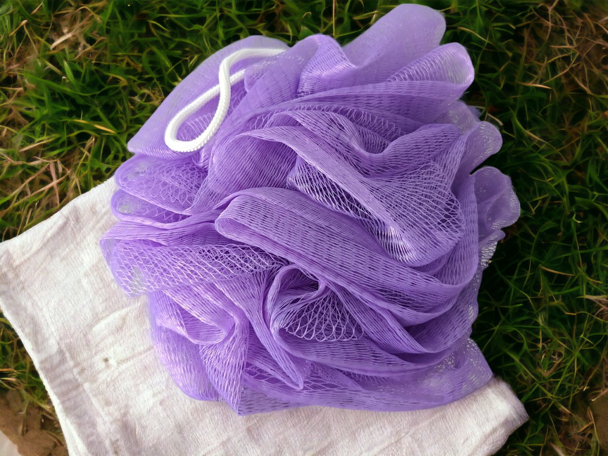 Medium sized nylon bath puff, loofah puff in purple and blue