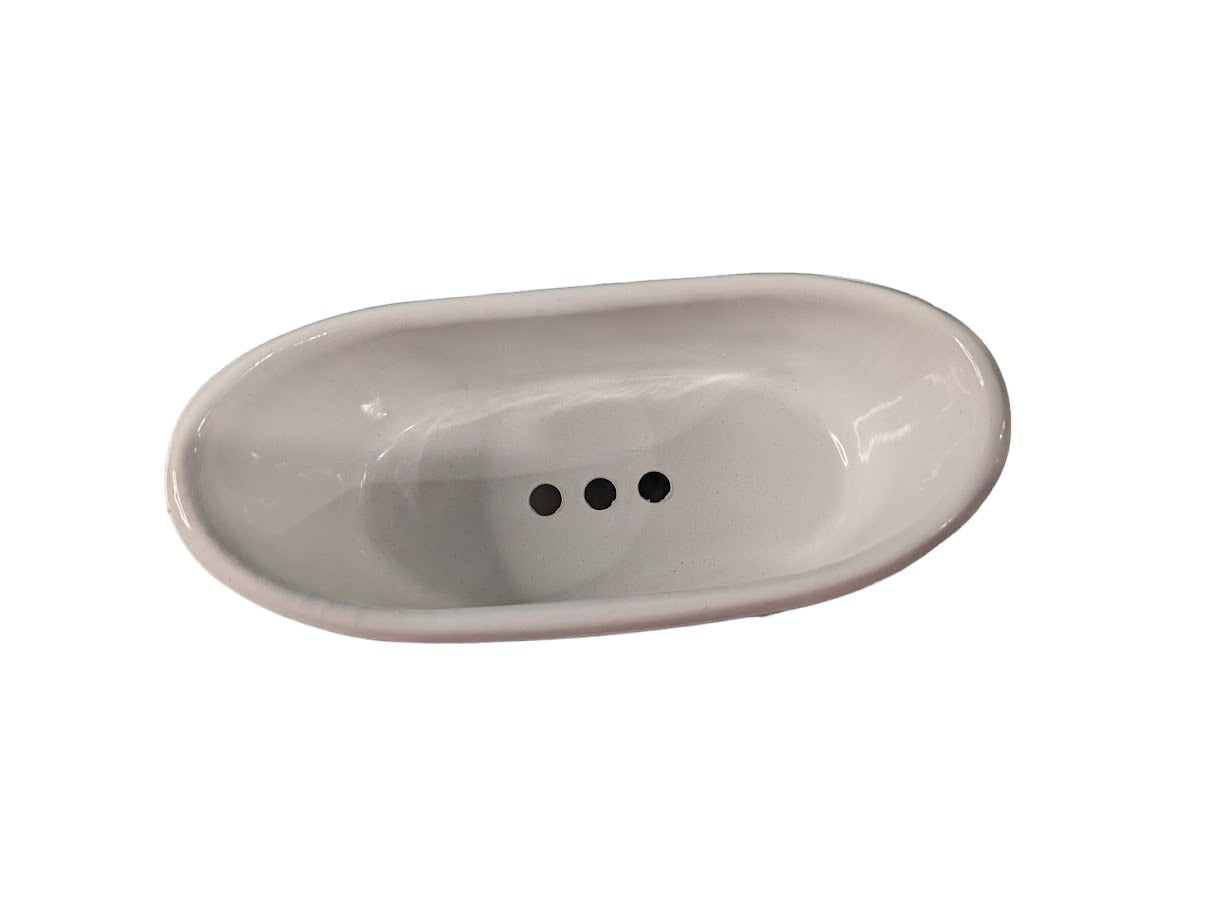 Self-draining, decorative soap holder in the shape of a vintage clawfoot bathtub.  Metal with ceramic coating.