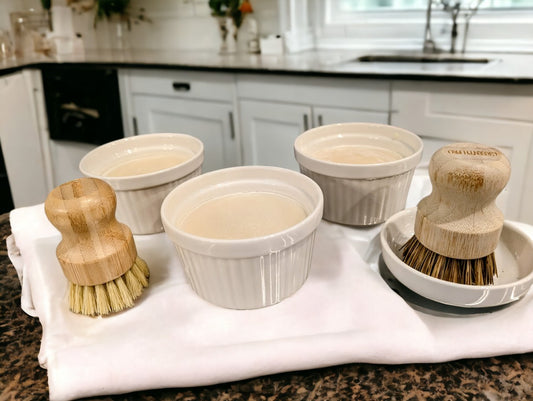 Our 6 oz dish soap bar in an 8-inch ceramic ramekin is non-toxic, eco-friendly, and oh-so-effective. Available in Eucalyptus/Lemon and Eucalyptus/Lavender.  It's greener, cleaner, and longer-lasting! Pair them up with our Sisal dish or pot scrubber or both for the perfect eco-friendly combo!!