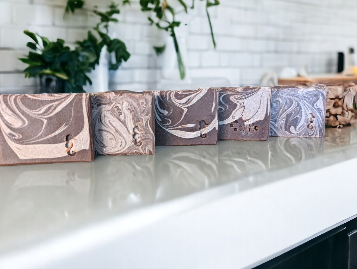 Handcrafted, Hemp Oil and Goat Milk soap bar dark brown base with light brown swirls.  Fragranced with the much-loved Cocoa Butter Cashmere fragrance.  It's a wonderful addition to your personal care routine!! Available in 3 sizes:  Regular Bar, Small Bar and Travel / Guest / Hotel sized bars.