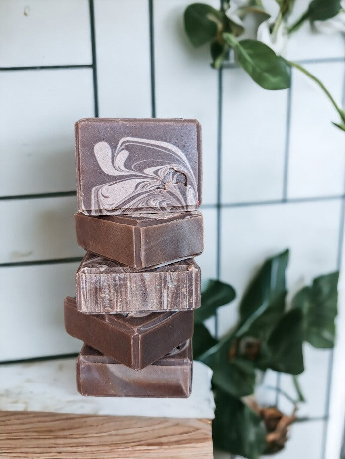 Artisan Hemp Oil and Goat Milk soap bar dark brown base with light brown swirls.  Fragranced with the much-loved Cocoa Butter Cashmere fragrance.  It's a wonderful addition to your personal care routine!! Available in 3 sizes:  Regular Bar, Small Bar and Travel / Guest / Hotel sized bars.