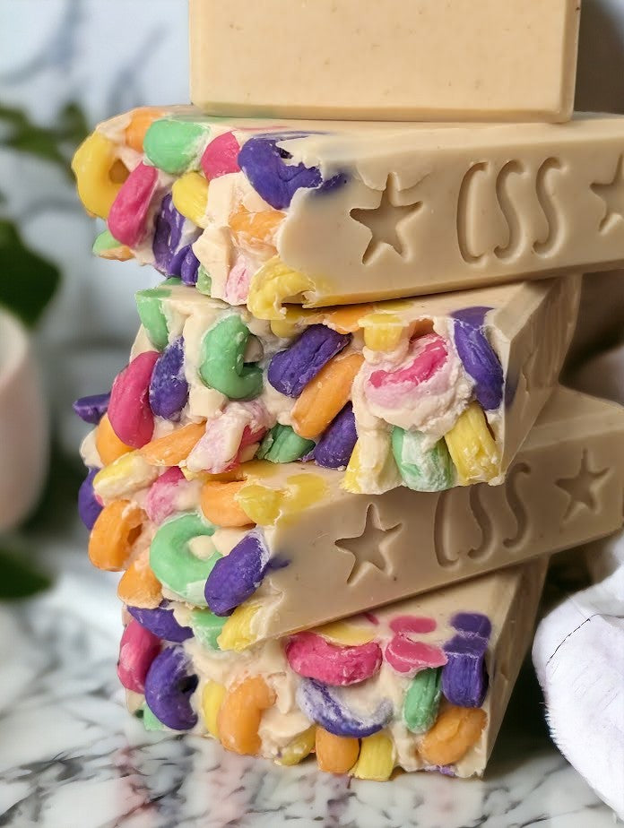 Gentle on your skin and creamy colored Tallow and Goat milk soap topped with soap 'fruit loops'.  Think the iconic and colorful loop cereal for the scent.  It's spot on!  This decorative soap with up your personal care game with a splash of fun!