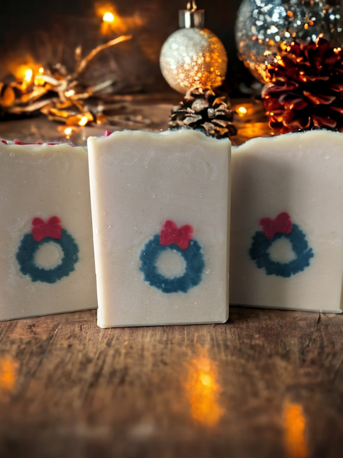 Delightful handcrafted Christmas soap bar with a green wreath and red ribbon that goes through the entire soap bar (from front to back)!  Scented with Evergreen Forest fragrance oil, it's perfect for bringing that special festive something to any bathroom! So, ‘tis the season to be merry—get your Wreath of Green soap bar today!