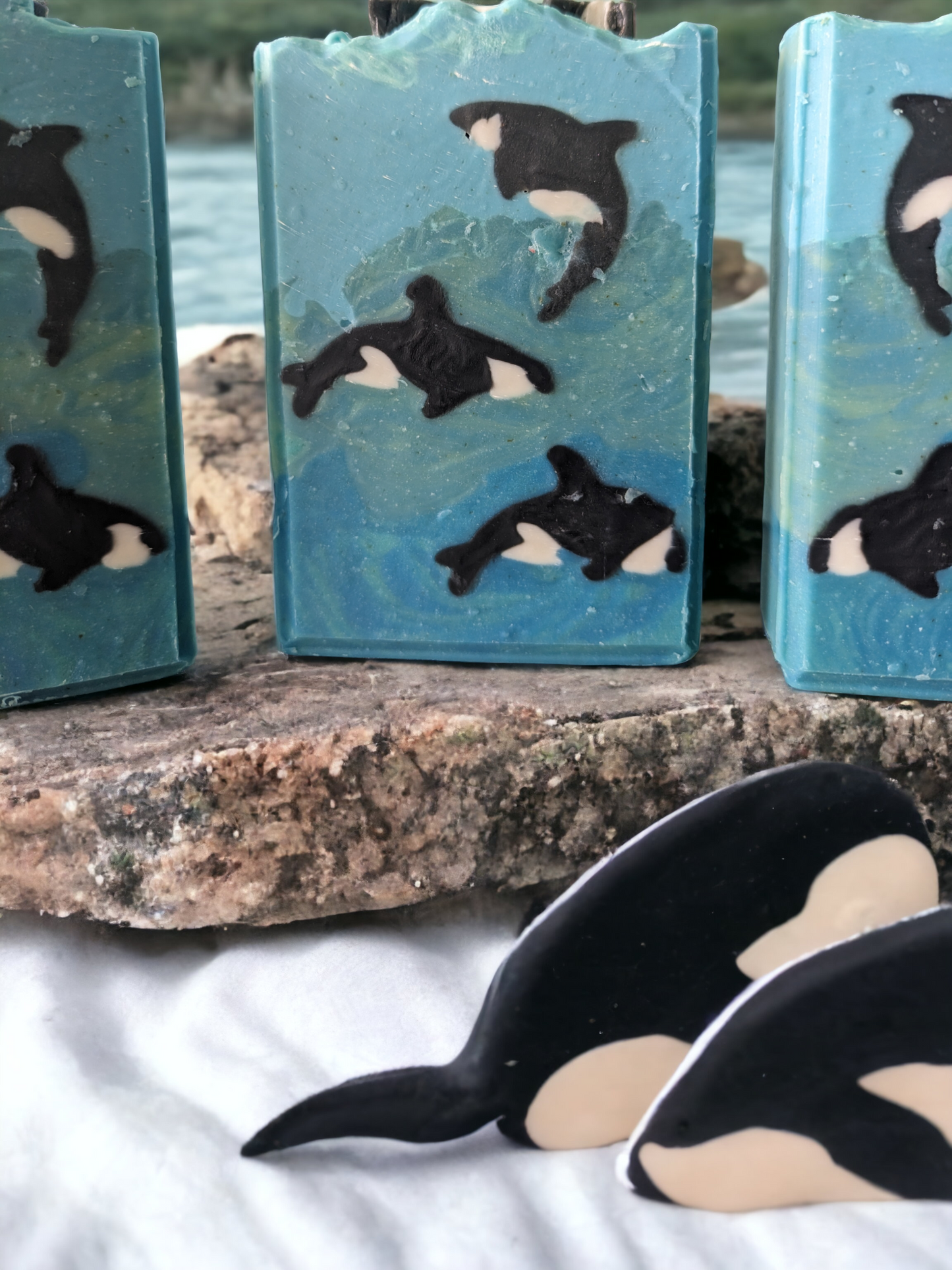 No whale of a tale here – just a luxurious bars soap with lots of lather and invigorating ocean freshness!  This decorative soap is scented with Abalone & Sea Fragrance oil and features an ocean scene with 3 Orcas - 2 swimming and 1 jumping.   Our Orca Odyssey, handcrafted Luxury Soap is all you need to emerge from the shower feeling as fresh as a sea breeze!