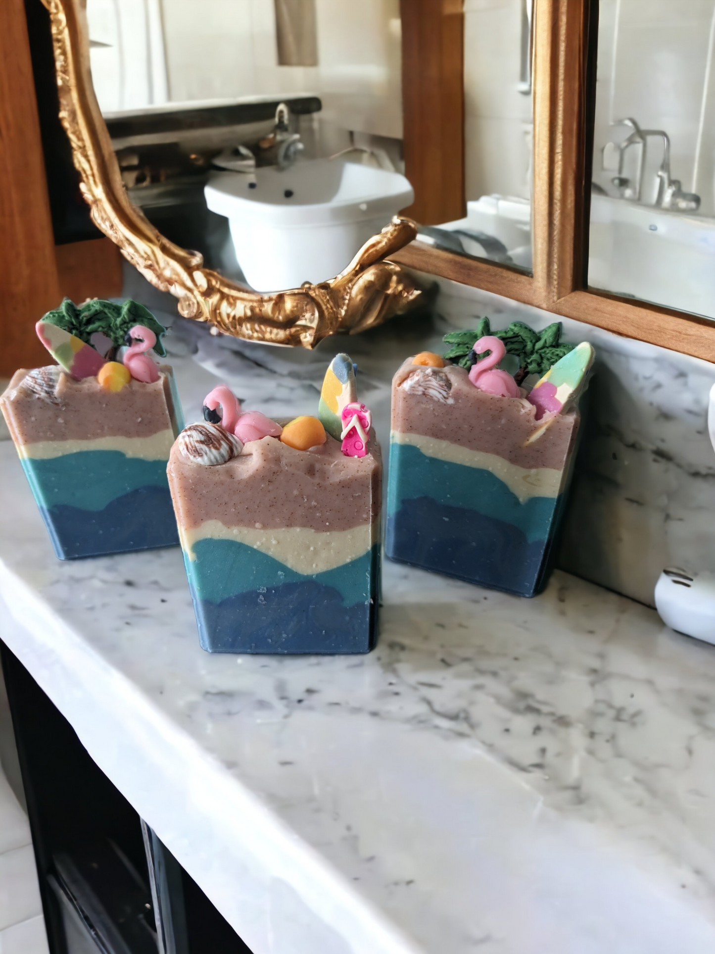 Luxurious beach themed butter soap bar with delightful beach decorations like Palm Trees, surf boards sea shells and beachballs.  Scented with Pink Sangria, this soap was inspired by Pink Sands Beach in the Bahamas. 