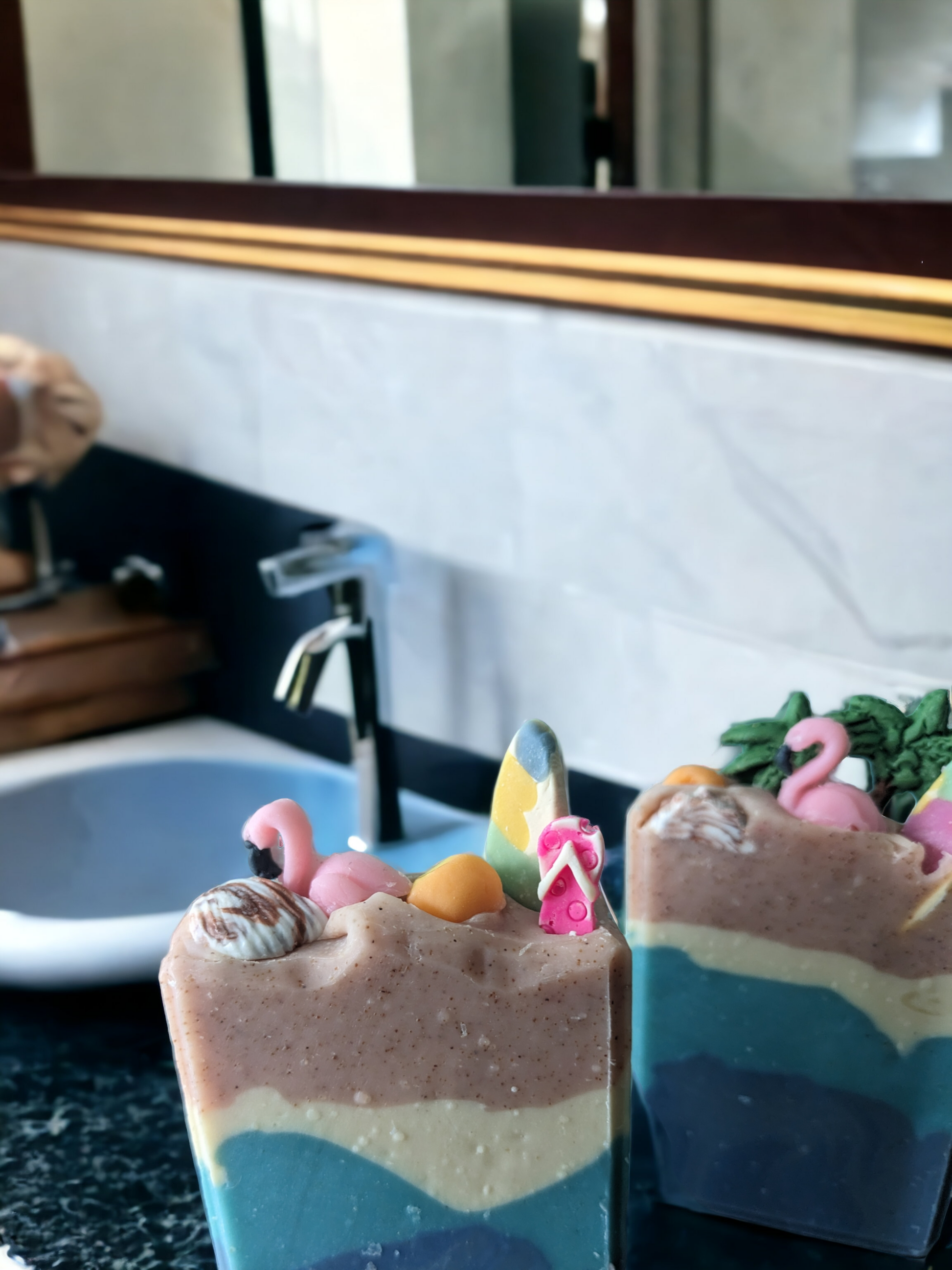 Luxurious beach themed butter soap bar with delightful beach decorations like Pink Flamingos, Palm Trees, surf boards sea shells and beachballs. Scented with Pink Sangria, this soap was inspired by Pink Sands Beach in the Bahamas.