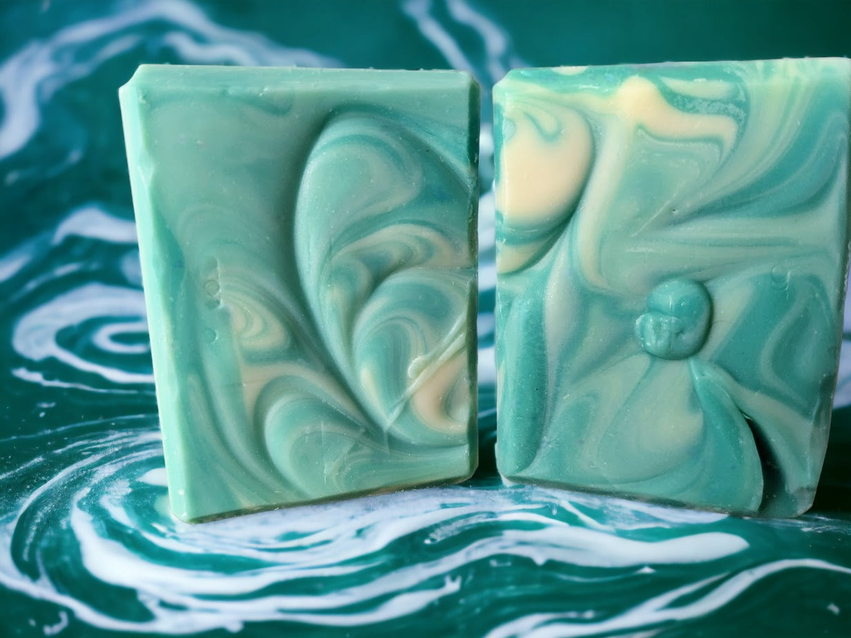 Lovely handmade soap with swirls in various shades of green and white.  Scent is reminiscent of the famous soap scent of a similar name.  This is a great handmade everyday soap!