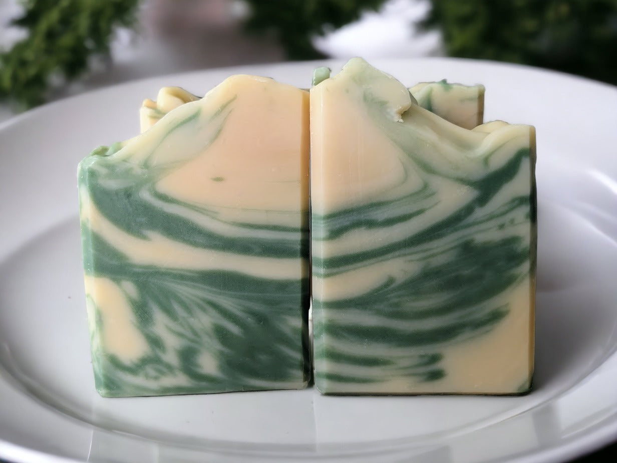 Our Luxurious everyday Tobacco and Bay Leaf bar soap is bursting with nourishing and skin-pampering goodies like mango, shea and cocoa butters! Loved by all, this delightful unisex Tobacco and Bay Leaf scent is a tantalizing mix of bay leaf, fir needle, cedarwood, bergamot, and tobacco. This simple, swirly design of cream and green will add zing to your shower - because who wants boring soap?