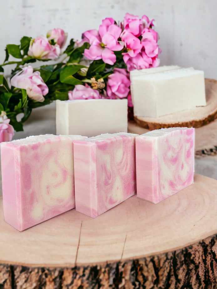 Marvel at the sophisticated swirly design of this Pink and white Rose Quartz bar soap! You'll discover a luscious lather made with Green Tea Seed Oil and Tussah Silk and skin loving oils. Whether you prefer Unscented / Fragrance free. Dive into a soapy oasis of delight!